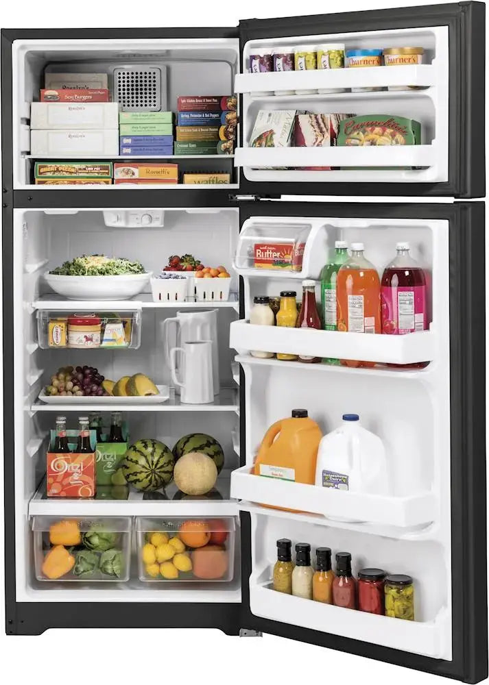 GE - 17.5 Cu. Ft. Top-Freezer Refrigerator with Edge-to-Edge Glass Shelves - Black