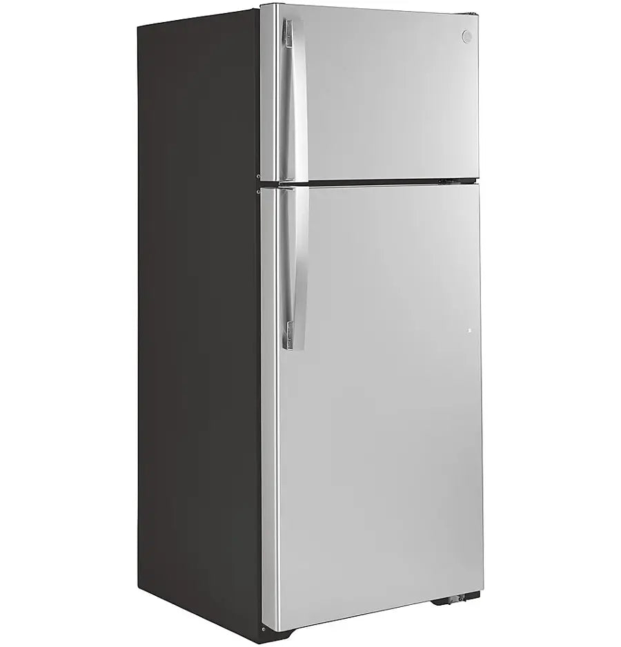 GE - 17.5 Cu. Ft. Top-Freezer Refrigerator with Edge-to-Edge Glass Shelves - Stainless Steel