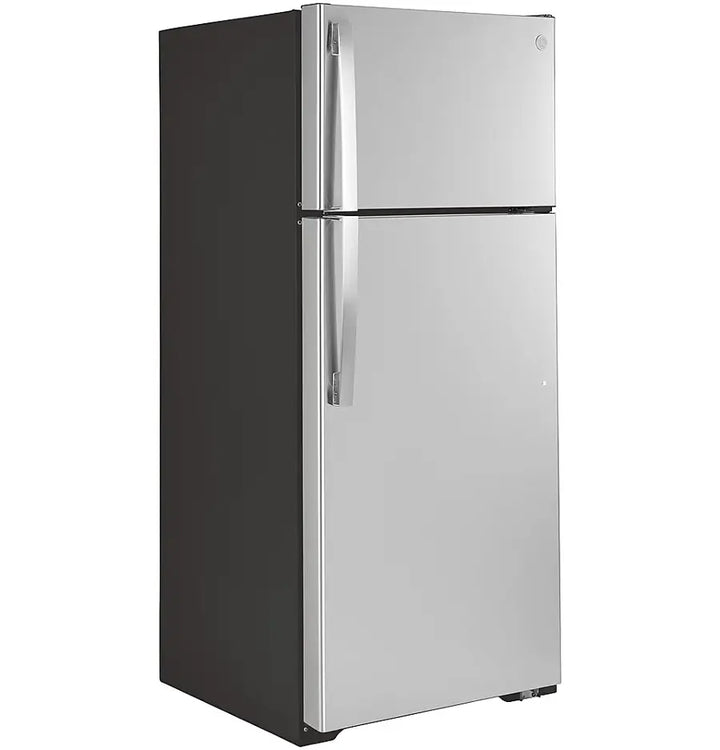GE - 17.5 Cu. Ft. Top-Freezer Refrigerator with Edge-to-Edge Glass Shelves - Stainless Steel