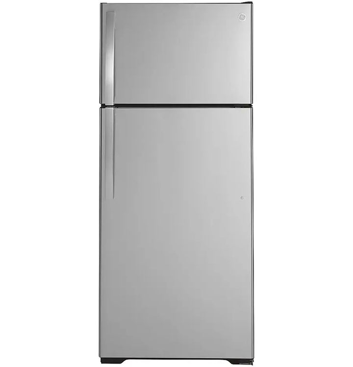 GE - 17.5 Cu. Ft. Top-Freezer Refrigerator with Edge-to-Edge Glass Shelves - Stainless Steel