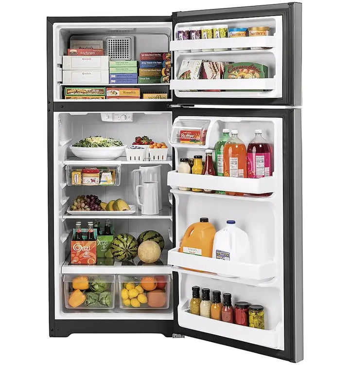 GE - 17.5 Cu. Ft. Top-Freezer Refrigerator with Edge-to-Edge Glass Shelves - Stainless Steel