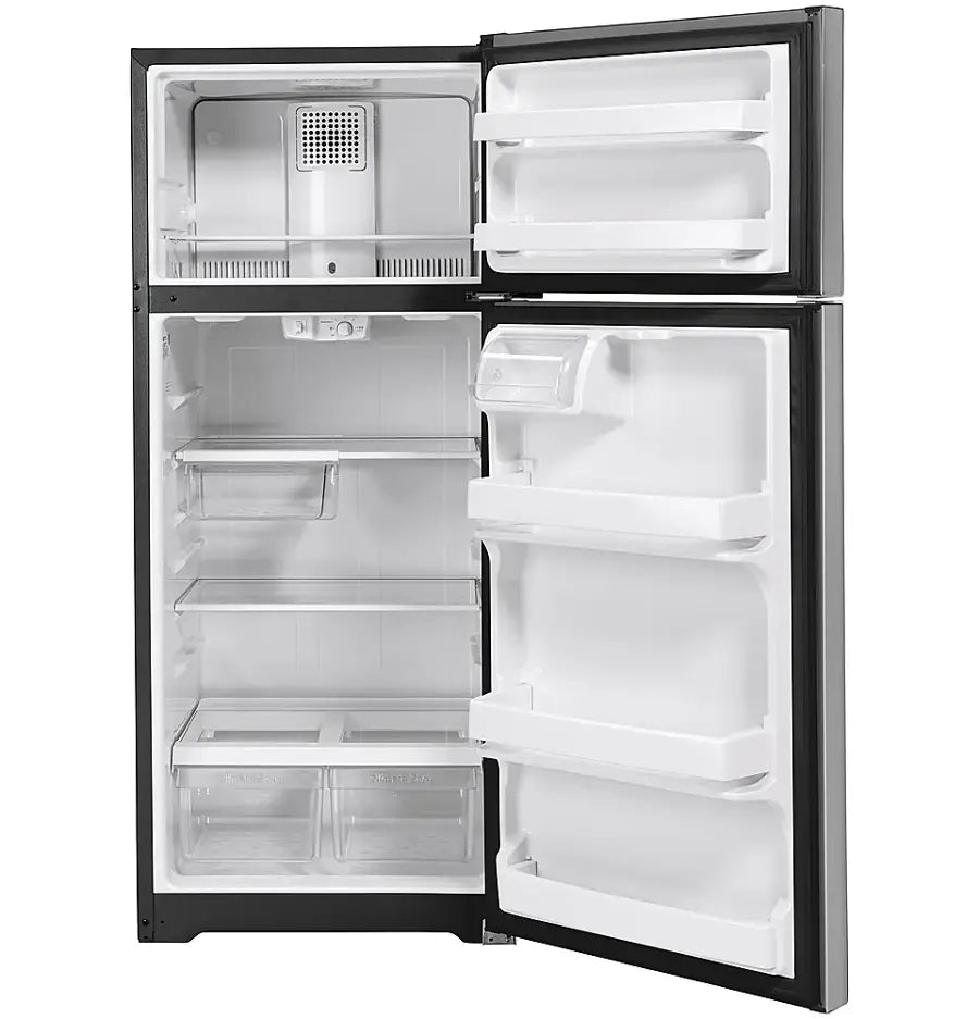 GE - 17.5 Cu. Ft. Top-Freezer Refrigerator with Edge-to-Edge Glass Shelves - Stainless Steel