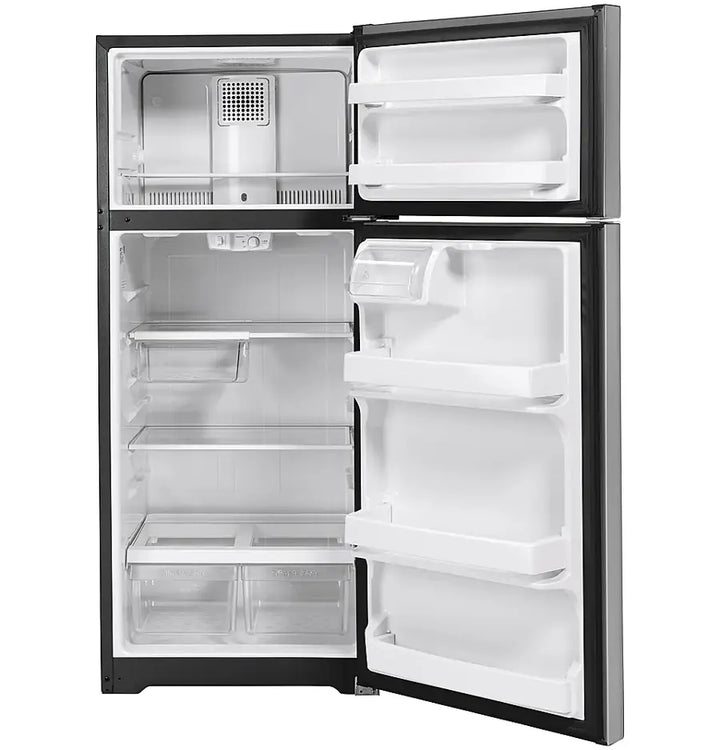 GE - 17.5 Cu. Ft. Top-Freezer Refrigerator with Edge-to-Edge Glass Shelves - Stainless Steel