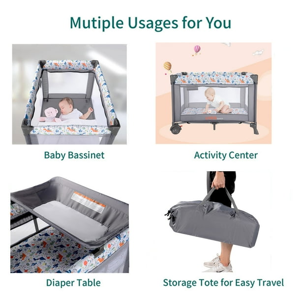 LIVINGbasics  Portable Baby Playard with Changing Table and Bassinet, Foldable Nursery Center Travel Playard Baby Playpen Crib Bed, Grey