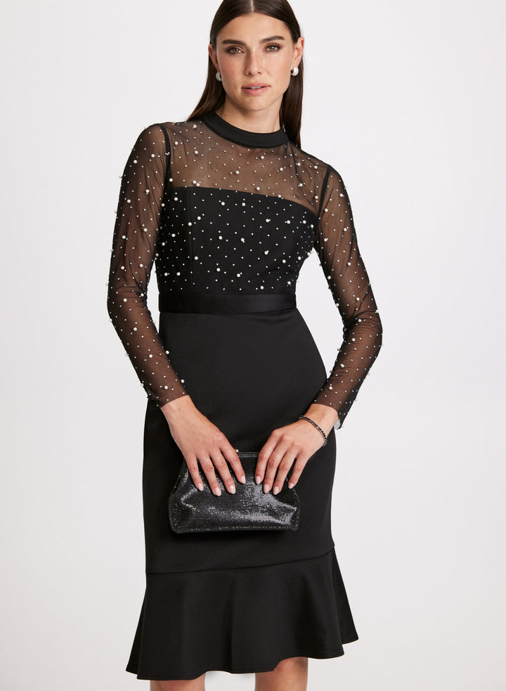 LAURA Pearl Embellished Mesh Detail Dress