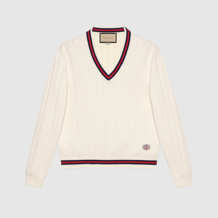 Gucci COTTON KNIT V-NECK SWEATER WITH WEB