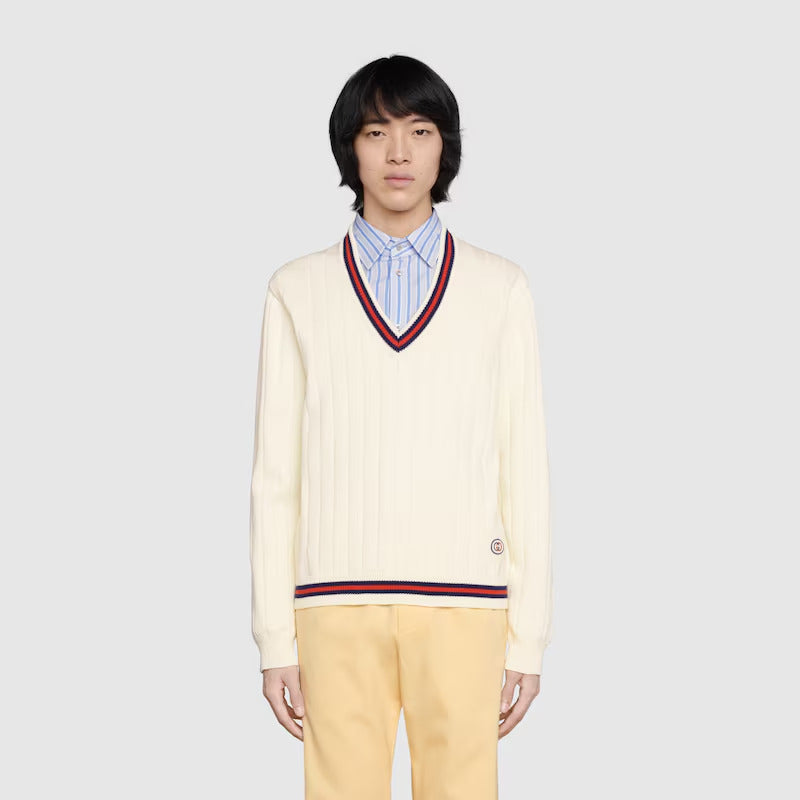 Gucci COTTON KNIT V-NECK SWEATER WITH WEB