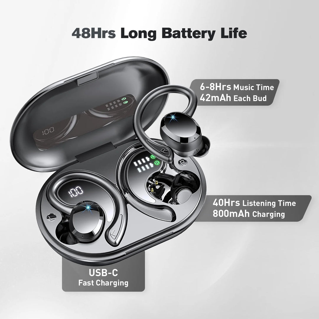 ETEPEHI Wireless Earbuds - Bluetooth Headphones 5.3 Stereo over Ear Buds with Earhooks, ENC Noise Cancelling Mic, IP7 Waterproof Earphone for Workout/Running, Black
