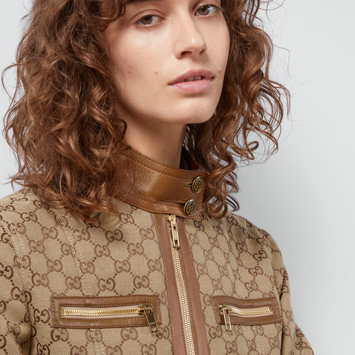 GUCCI GG canvas jacket with leather trim