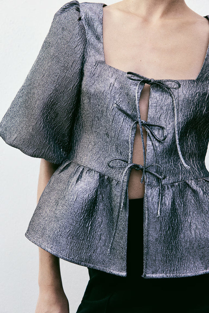 H&M Jacquard-Weave Tie-Front Blouse