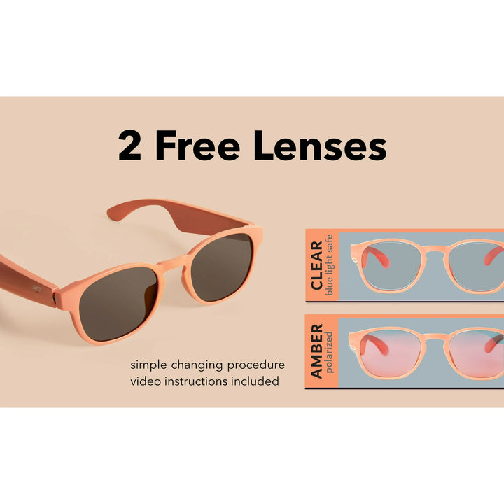 KCT Smart Glasses, Bluetooth Sunglasses with Polarized lenses, Bluetooth Audio & Hands Free Calling, Open Air Audio, Auto On/Off, Pink with Black Lenses, 3 styles Switchable Lenses