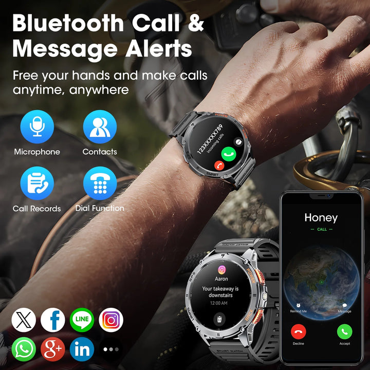 Mingdaln GPS Military Smart Watch for Men, with Compass/5ATM Waterproof/530mAh Large Battery/Answer & Make Calls, 1.43-Inch AMOLED Screen, fits for Android & Iphone Devices (Black)
