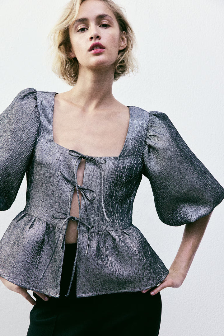 H&M Jacquard-Weave Tie-Front Blouse