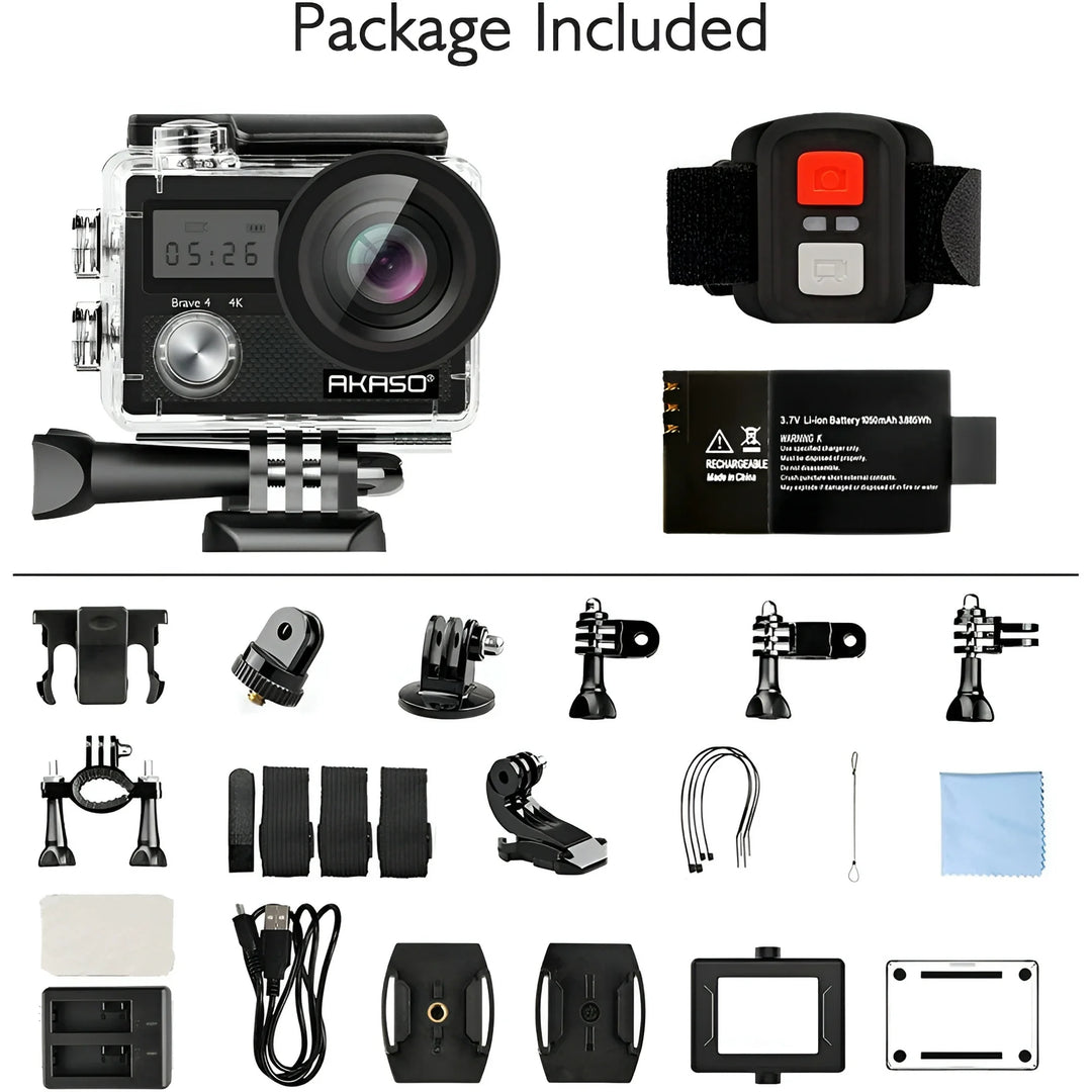 AKASO Brave 4 4K 20MP WiFi Action Camera, Ultra HD with EIS 30m Underwater Waterproof Camera Remote Control 5X Zoom Underwater Camcorder with 2 Batteries and Helmet Accessories Kit