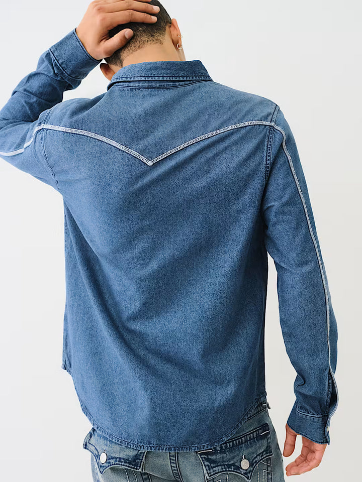 TRUE RELIGION WESTERN CHAMBRAY FLATLOCK SHIRT