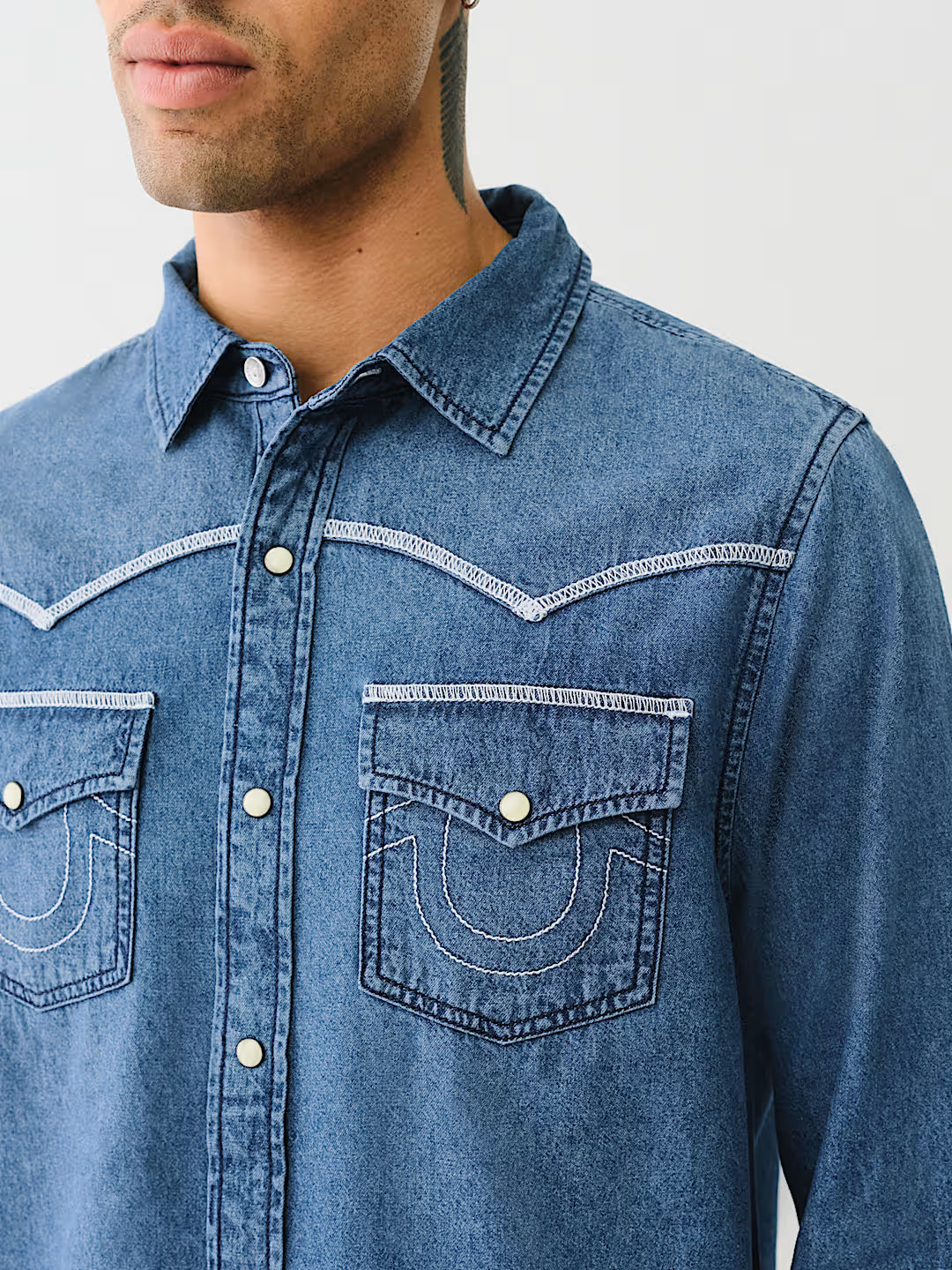 TRUE RELIGION WESTERN CHAMBRAY FLATLOCK SHIRT