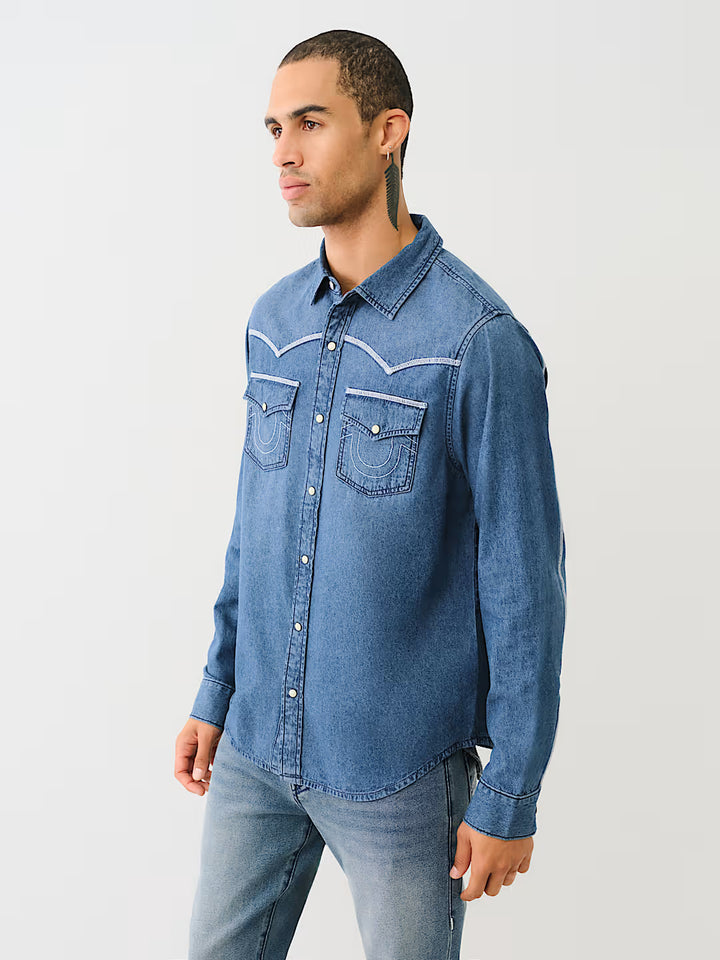 TRUE RELIGION WESTERN CHAMBRAY FLATLOCK SHIRT