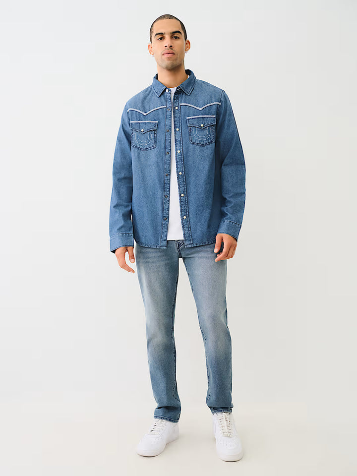 TRUE RELIGION WESTERN CHAMBRAY FLATLOCK SHIRT