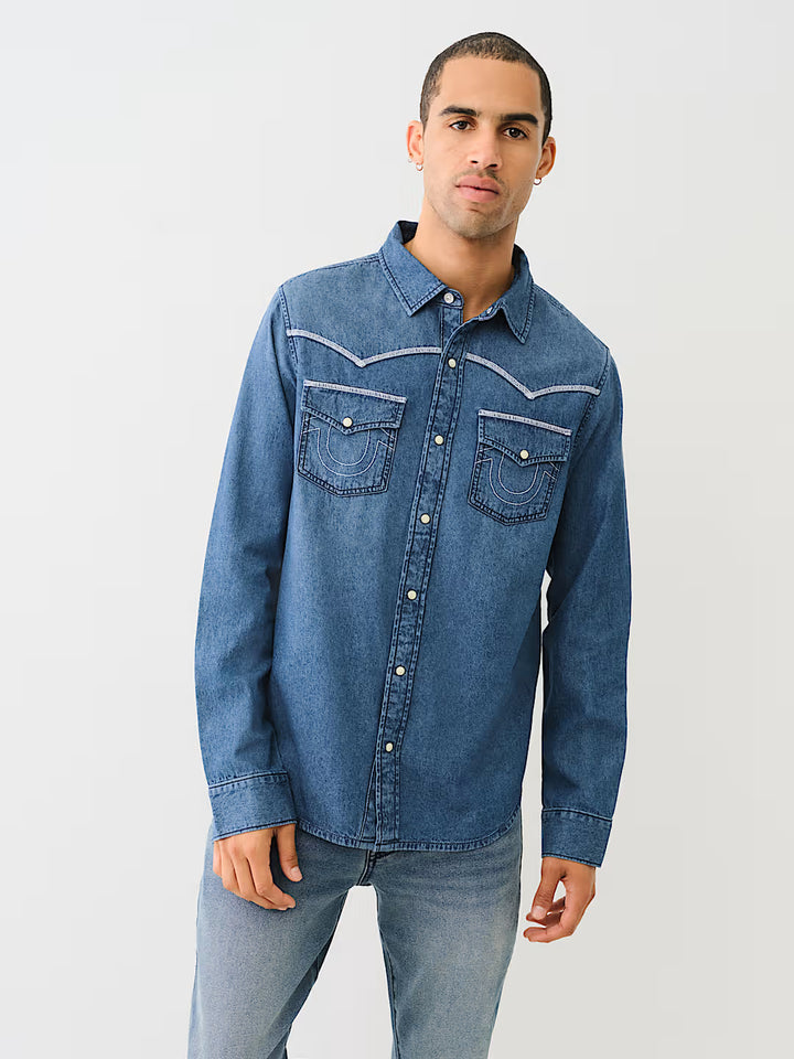 TRUE RELIGION WESTERN CHAMBRAY FLATLOCK SHIRT