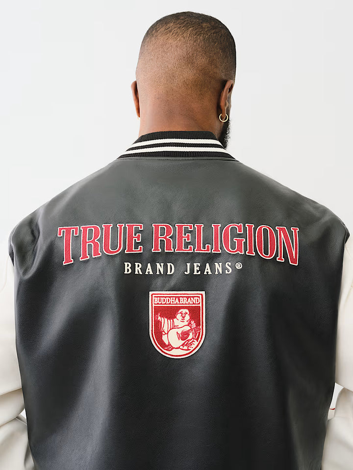 TRUE RELIGION TRUE LOGO PATCH VARSITY JACKET