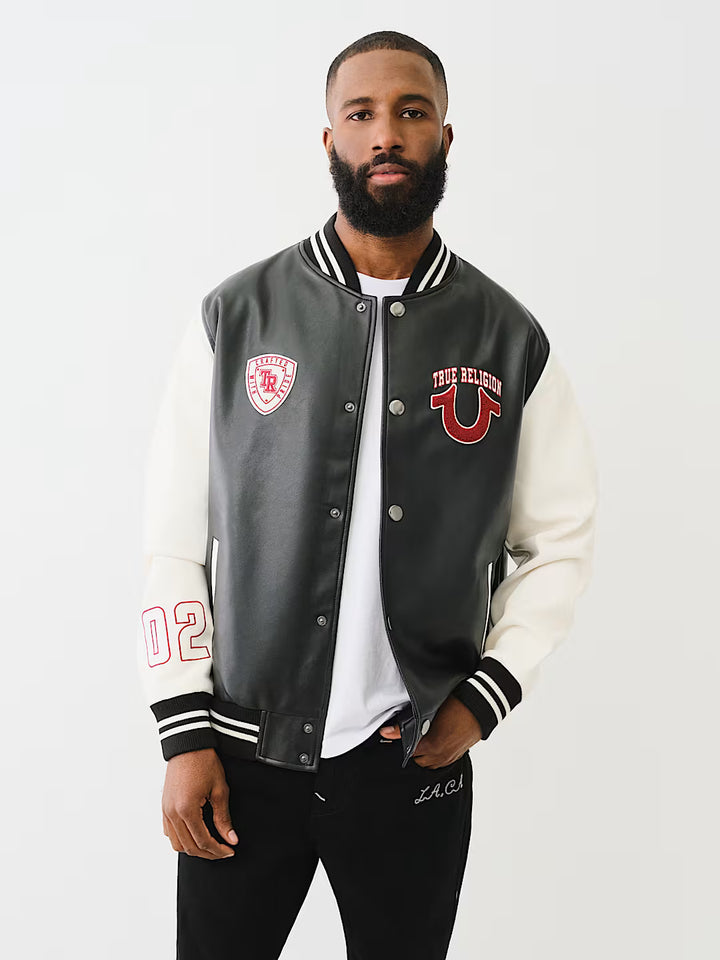 TRUE RELIGION TRUE LOGO PATCH VARSITY JACKET