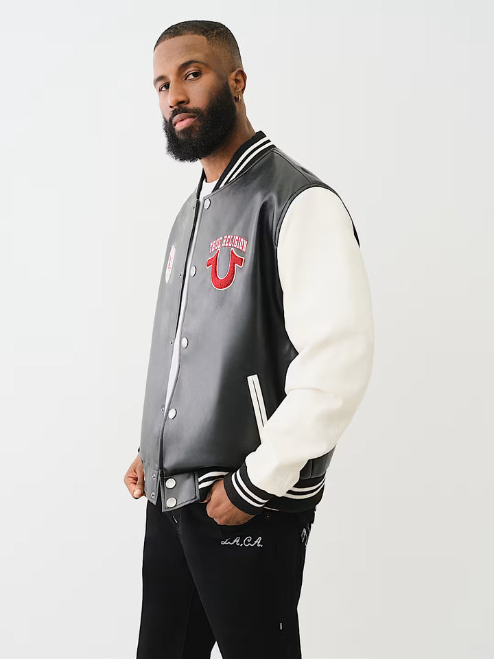 TRUE RELIGION TRUE LOGO PATCH VARSITY JACKET