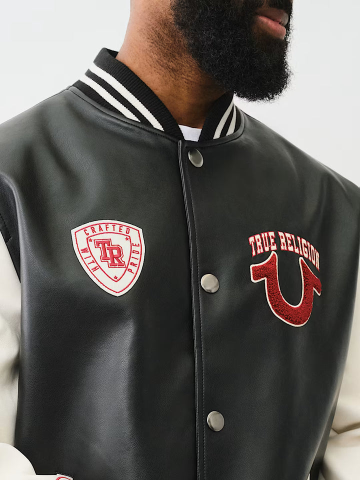 TRUE RELIGION TRUE LOGO PATCH VARSITY JACKET
