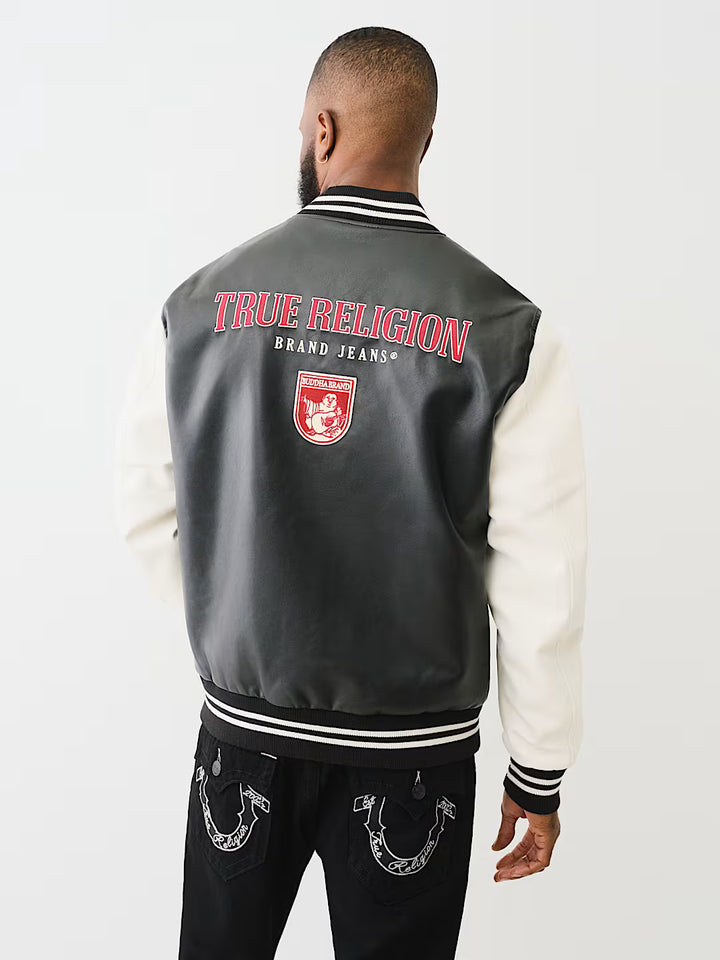 TRUE RELIGION TRUE LOGO PATCH VARSITY JACKET