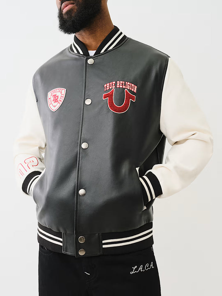 TRUE RELIGION TRUE LOGO PATCH VARSITY JACKET