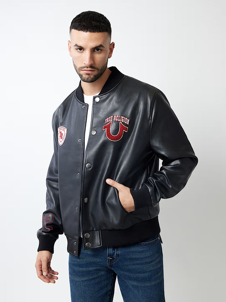 TRUE RELIGION TRUE LOGO PATCH VARSITY JACKET