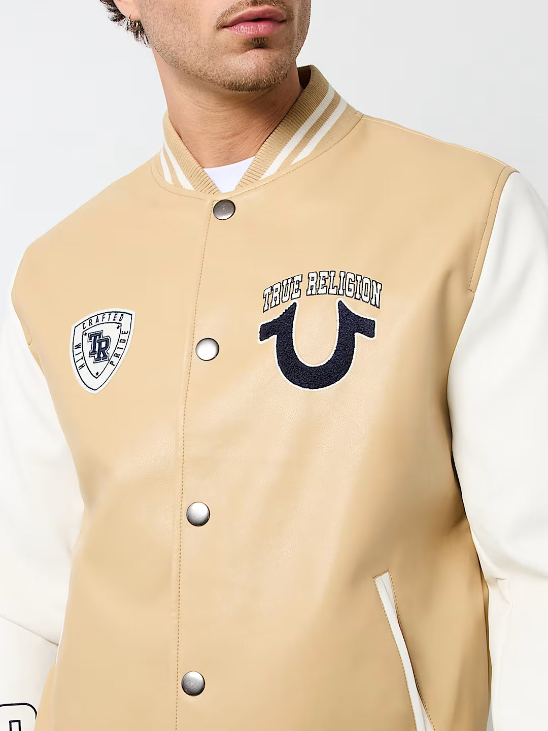 TRUE RELIGION TRUE LOGO PATCH VARSITY JACKET