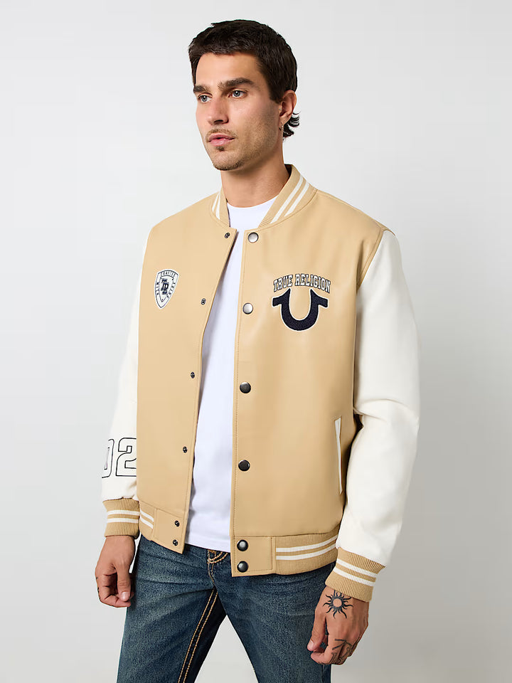 TRUE RELIGION TRUE LOGO PATCH VARSITY JACKET