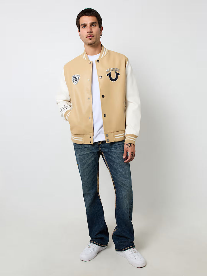 TRUE RELIGION TRUE LOGO PATCH VARSITY JACKET