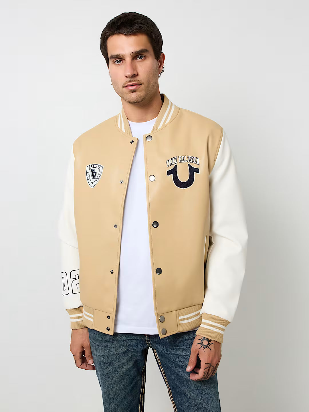 TRUE RELIGION TRUE LOGO PATCH VARSITY JACKET