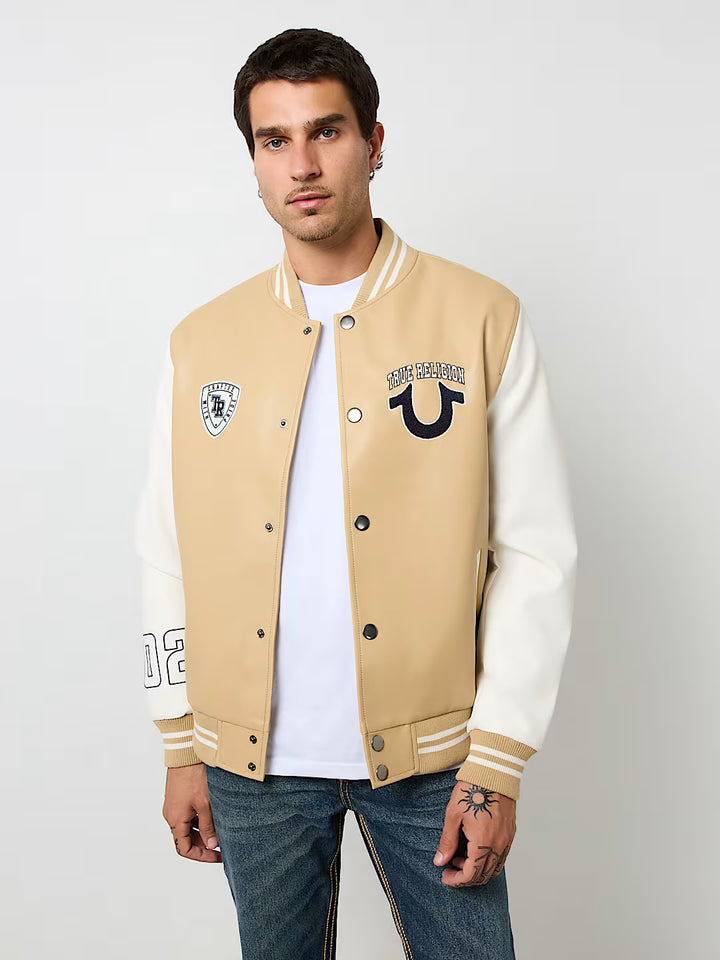 TRUE RELIGION TRUE LOGO PATCH VARSITY JACKET