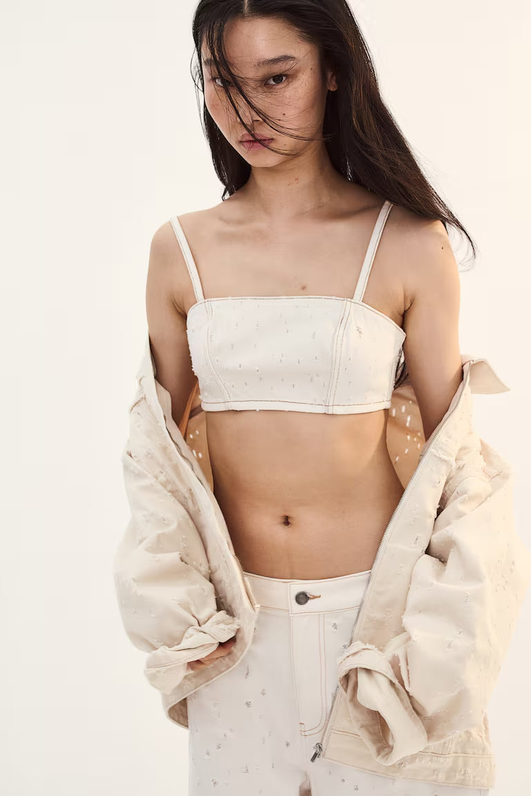 H&M DISTRESSED-LOOK TWILL CROP TOP