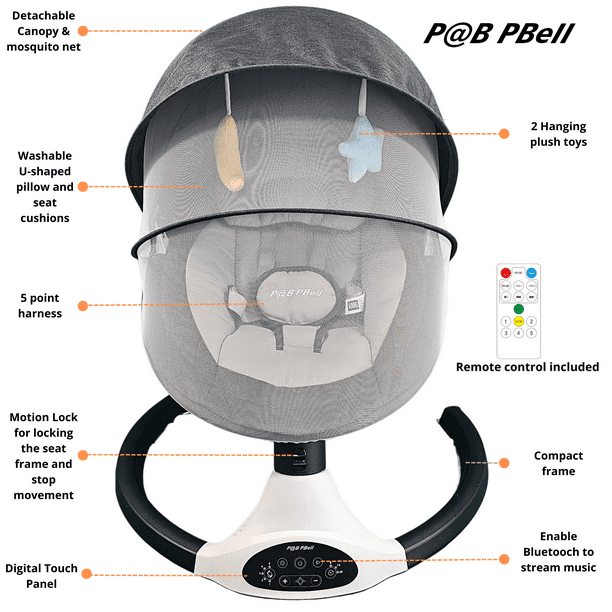 P@B PBell Baby Swing for Infants, Bluetooth Music Speaker 5 Speeds and Remote Control. Five-Point Seat Belt. Baby Swing regulated by Innovation, Science and Economic Development Canada (ISDE).