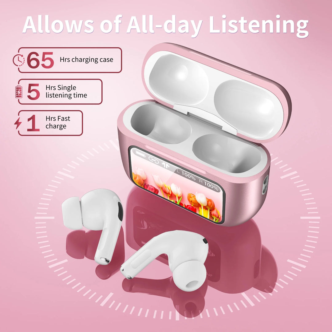 VEATOOL Wireless Bluetooth Touchscreen Earbuds,75H Bass Stereo Ear Buds with 6 EQ Modes,Multifunction LED Full Color Touchscreen Wireless Earphones with ENC Mic,ANC Noise Cancelling/Transparency Mode
