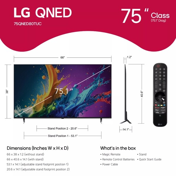 LG 75QNED80TUC LG 75 Inch Class QNED80T Series 4K QNED TV with webOS 24