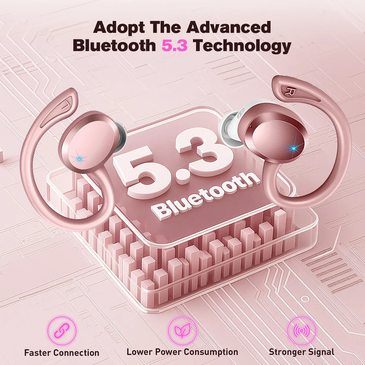 ETEPEHI Wireless Earbuds Bluetooth Headphones - ETEPPEHI Bluetooth 5.3 Stereo Ear Buds with Earhooks, ENC Noise Cancelling Mic, IP7 Waterproof Earphone for Workout/Running, Pink