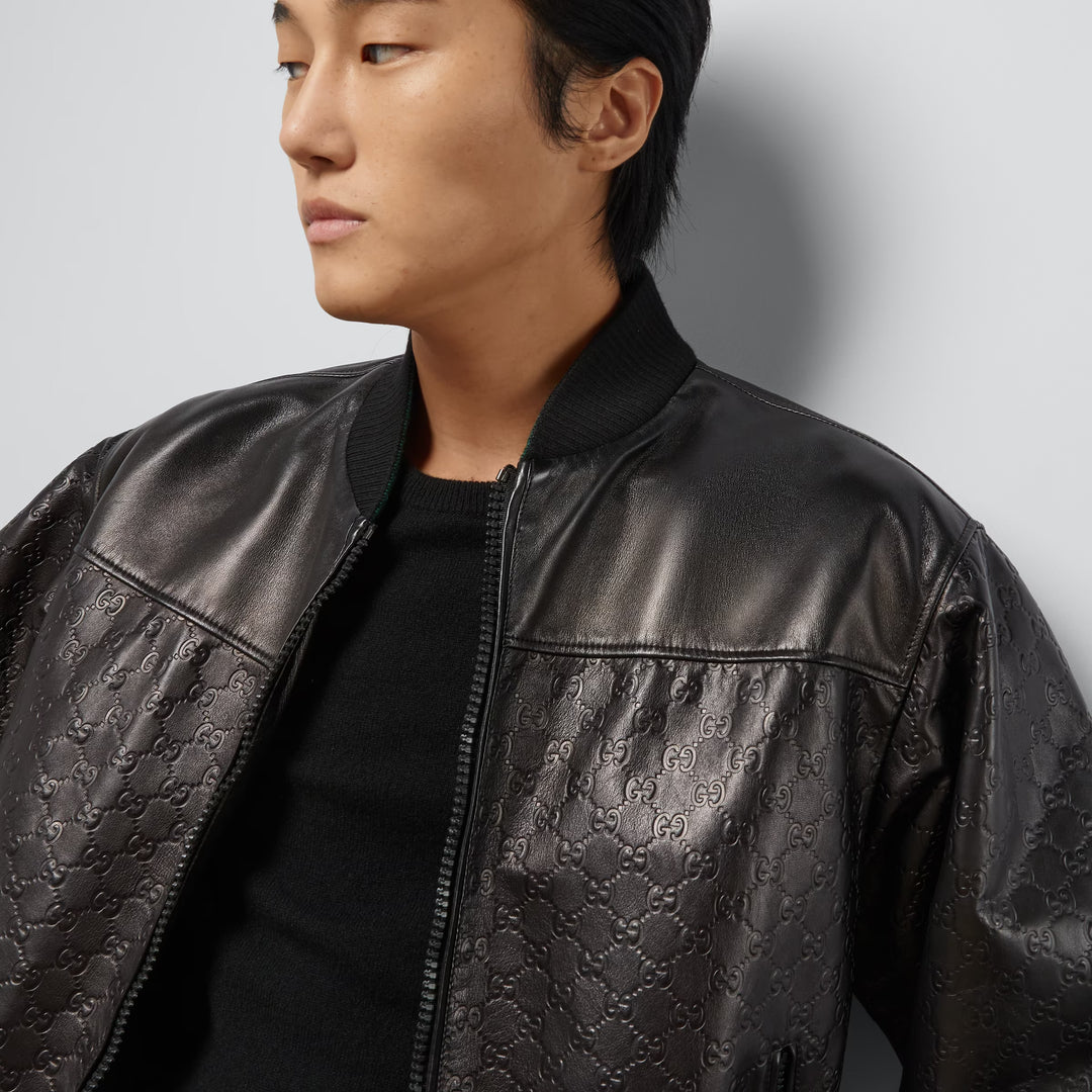 Gucci GG embossed leather bomber jacket
