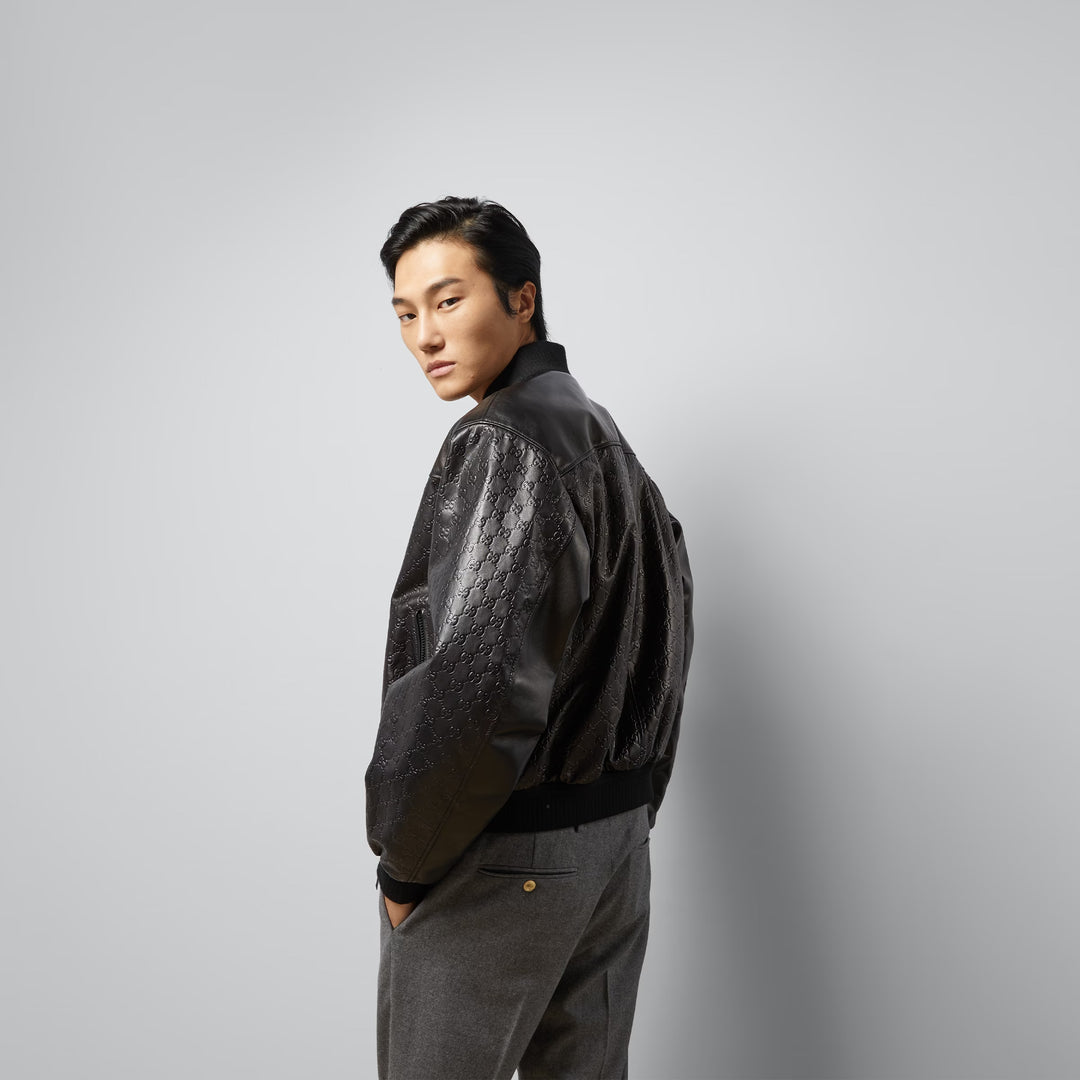 Gucci GG embossed leather bomber jacket