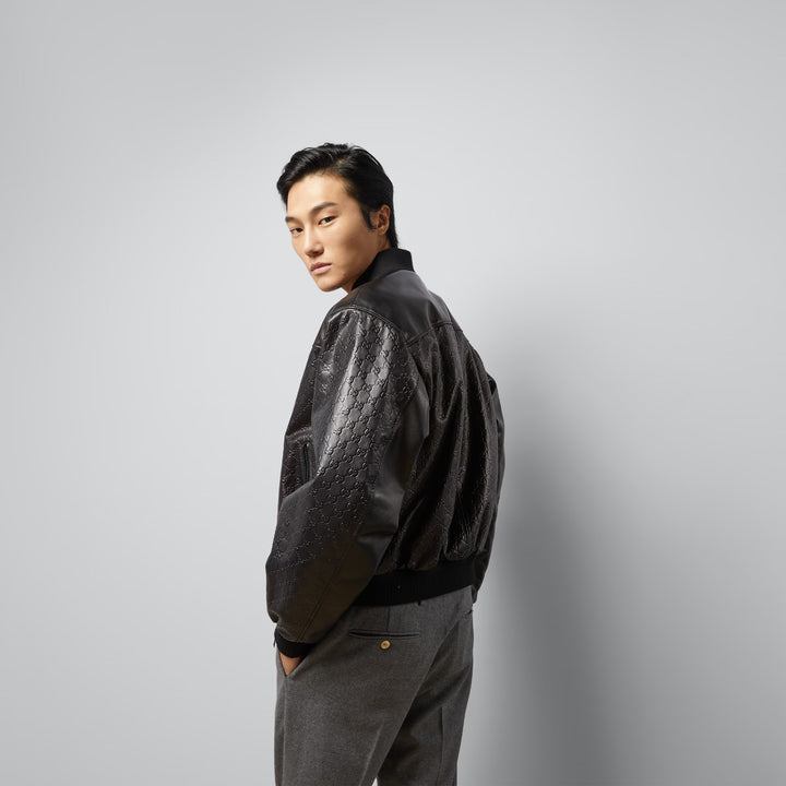 Gucci GG embossed leather bomber jacket