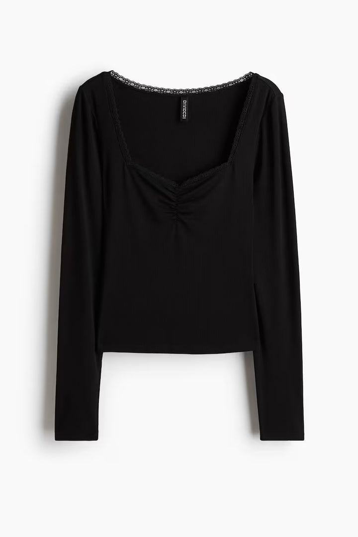 H&M LACE-TRIMMED RIBBED TOP