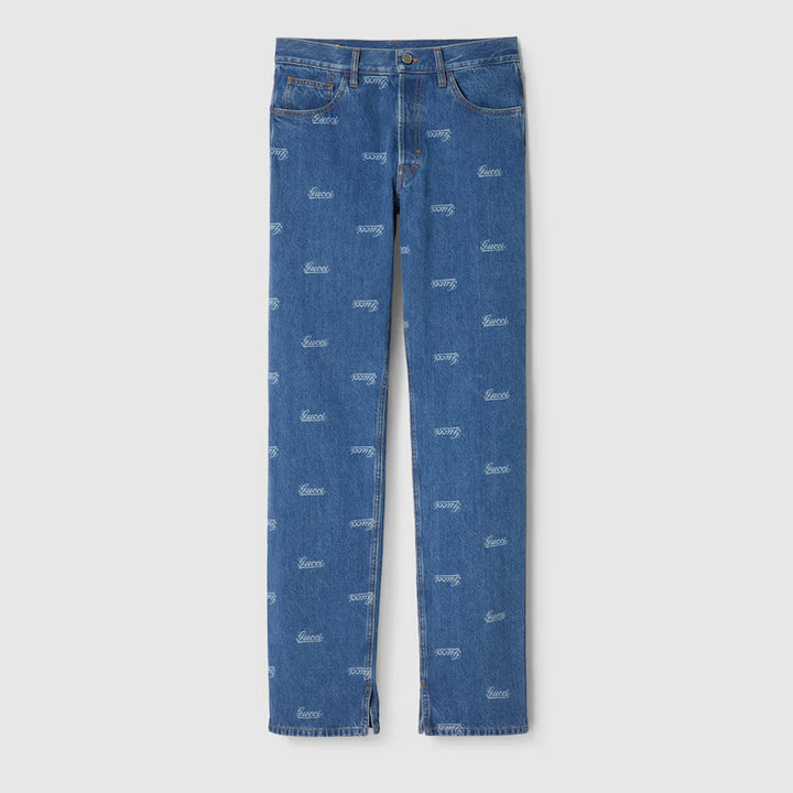 GUCCI DENIM PANT WITH LASERED GUCCI DETAIL