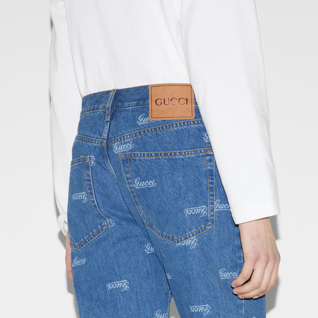 GUCCI DENIM PANT WITH LASERED GUCCI DETAIL