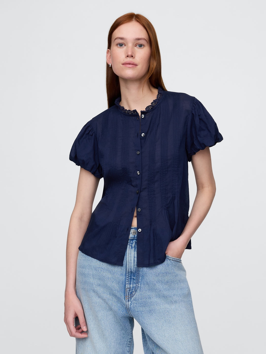 Gap Bubble-Sleeve Pintuck Top