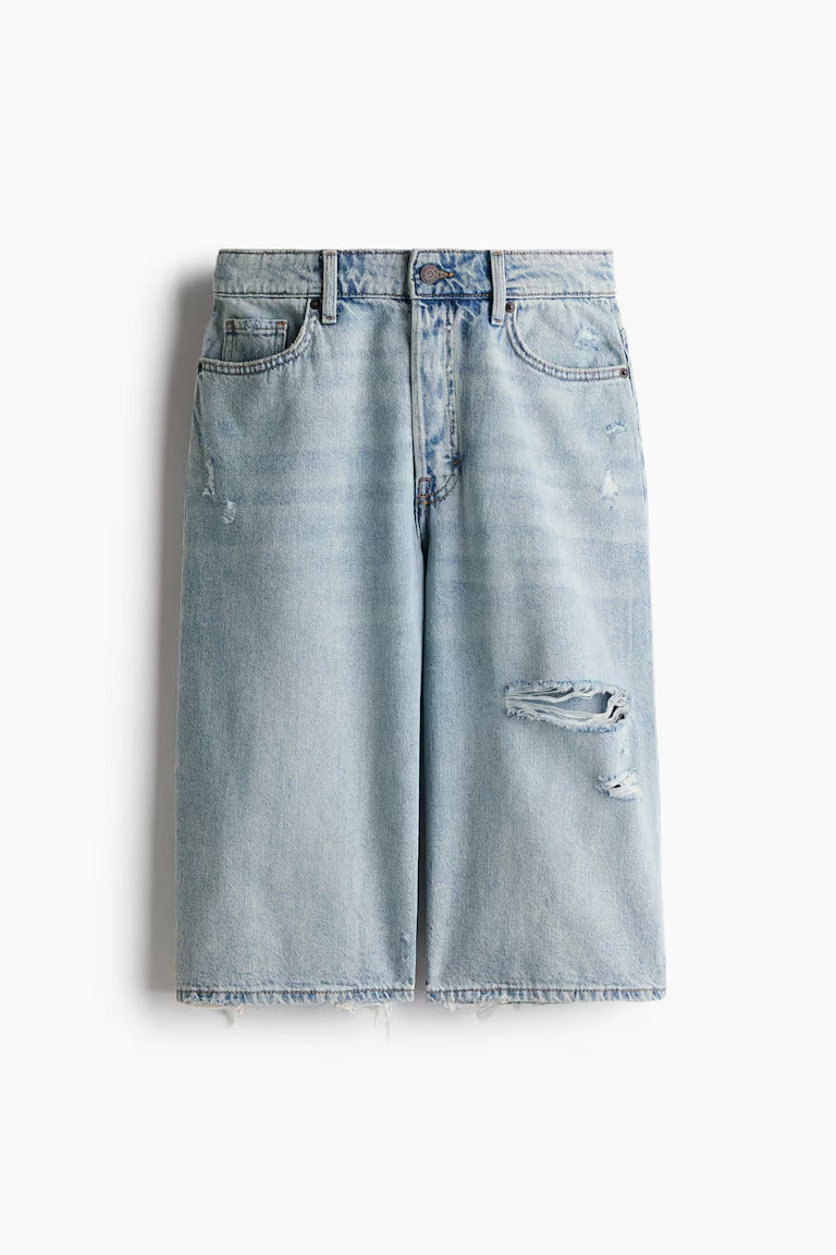 H&M HIGH-WAIST KNEE-LENGTH DENIM SHORTS