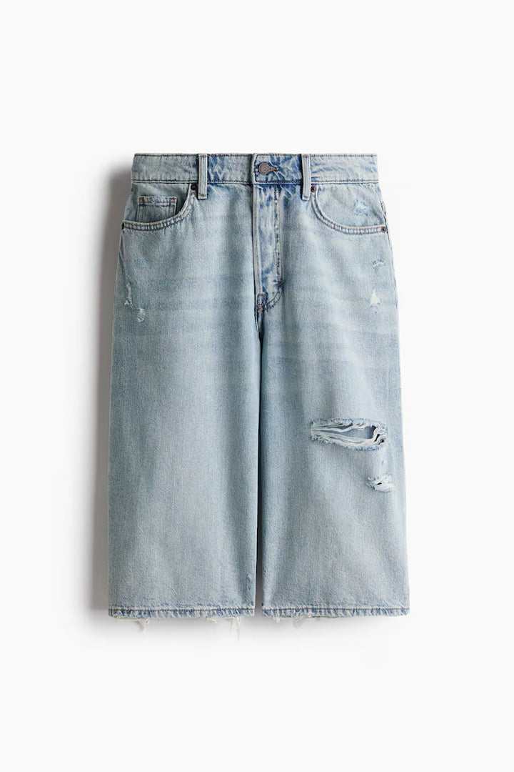 H&M HIGH-WAIST KNEE-LENGTH DENIM SHORTS