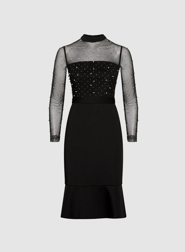 LAURA Pearl Embellished Mesh Detail Dress